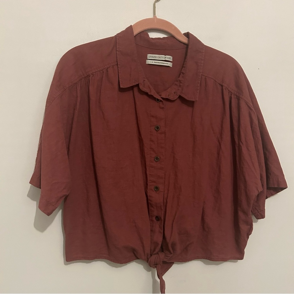 Urban Outfitters Linen Blend Boxy Tie Front Button Up Top L Large